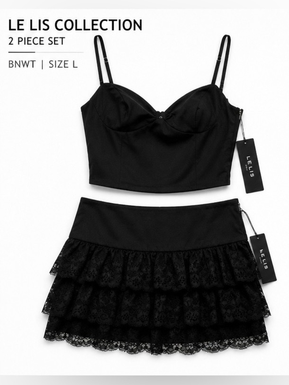 Le Lis Black Lace Trim Cami & Ruffle Mini Skirt Set BNWT Large